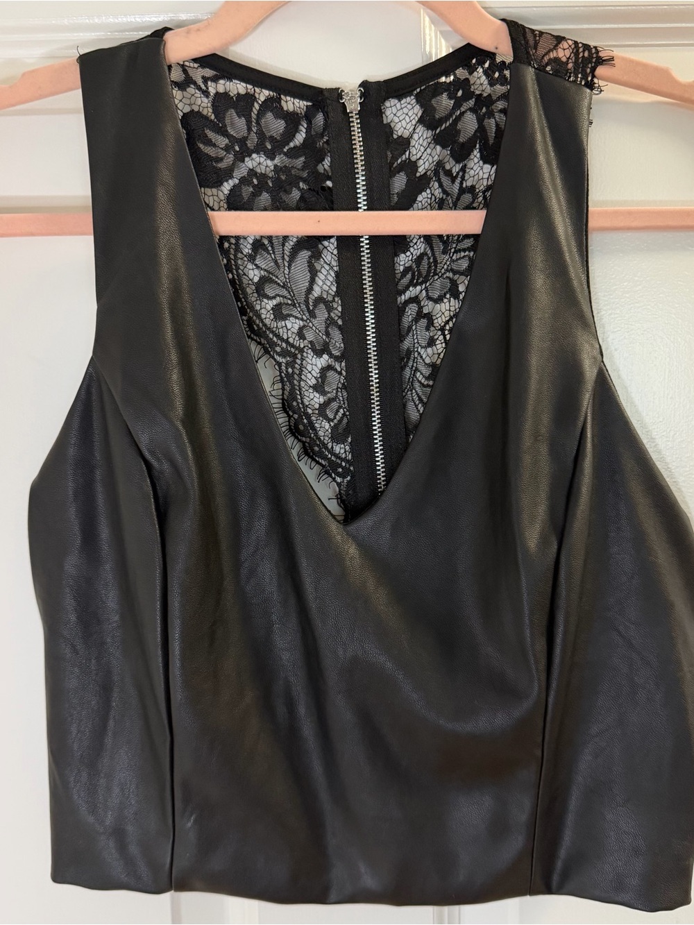 Bebe Black Faux Leather Lace-Back Sleeveless Top M